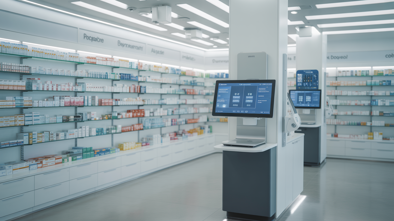 Modern pharmacy workspace with advanced technology